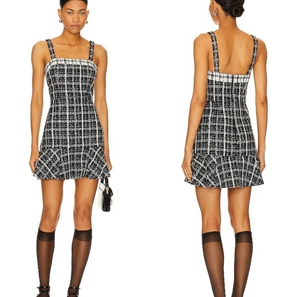 NWOT revolve Alice and Olivia Kaidra Tweed Dropwaist flare Mini Dress sz 12 - Picture 1 of 6